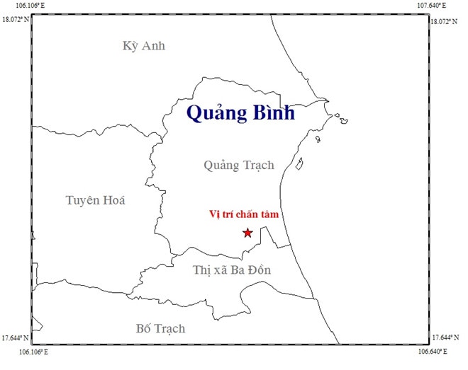 Bản đồ tâm chấn động đất tại Quảng Trạch, Quảng Bình. Ảnh: Viện Vật lý Địa cầu.