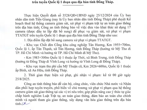 Đồng Tháp:  Từ ngày 25/8/2025, xử phạt vi phạm giao thông qua camera giám sát tuyến Quốc lộ 1