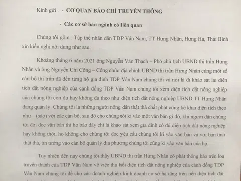 TT Hưng Nhân (Hưng Hà - Thái Bình): Những tâm tư, bức xúc của người dân TDP Vân Nam cần sớm được giải quyết đúng pháp luật